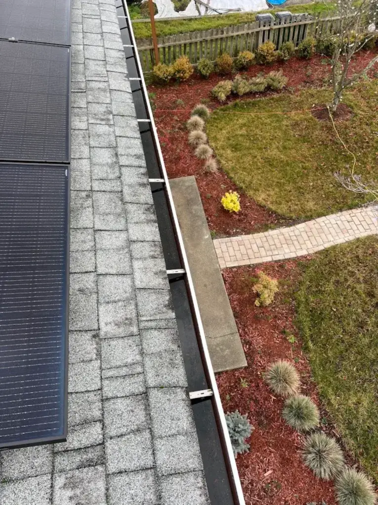 An asphalt shingle roof edge beside solar panels, looking down over the garden