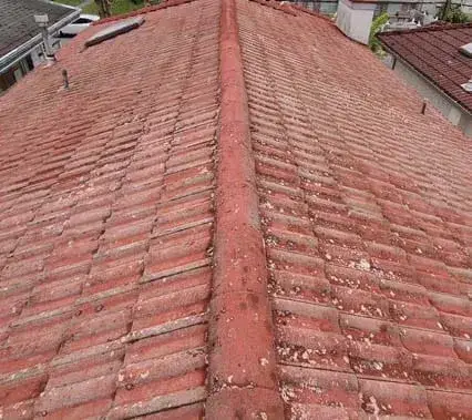Clean red clay tile courses running down either side of the ridge cap