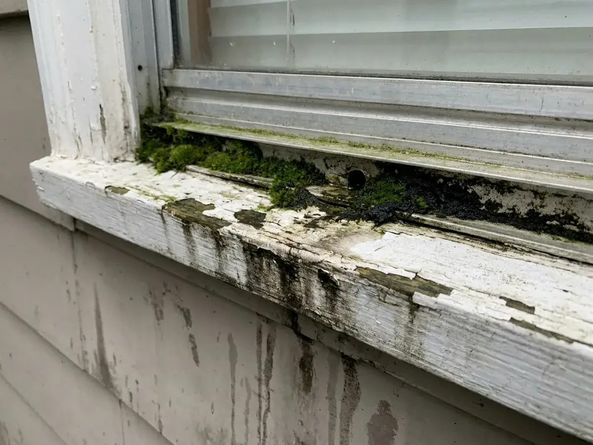 Moss packed in a sliding window track and along a peeling wooden sill